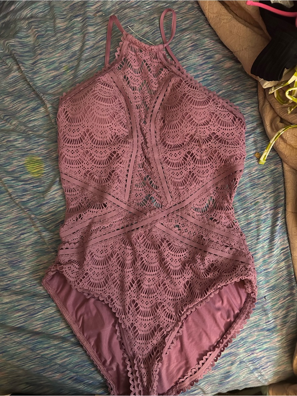 BECCA Mauve Lace High-Neck One-Piece Swimsuit